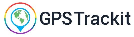 A logo for gps trackit with a rainbow colored circle around it.