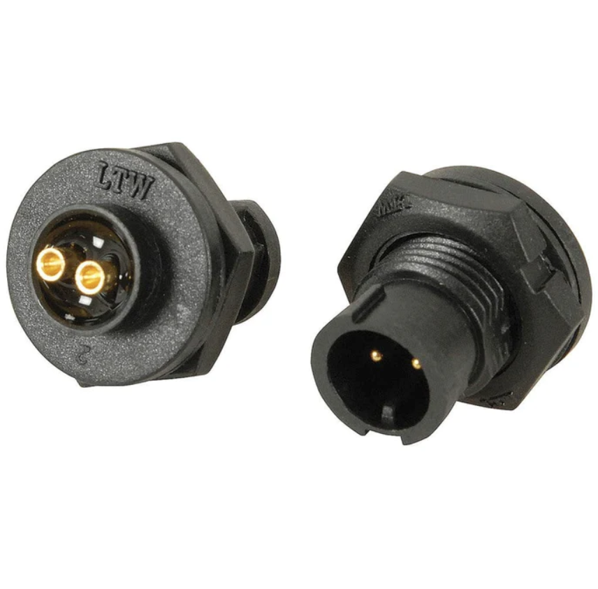 Two black ltw connectors on a white background