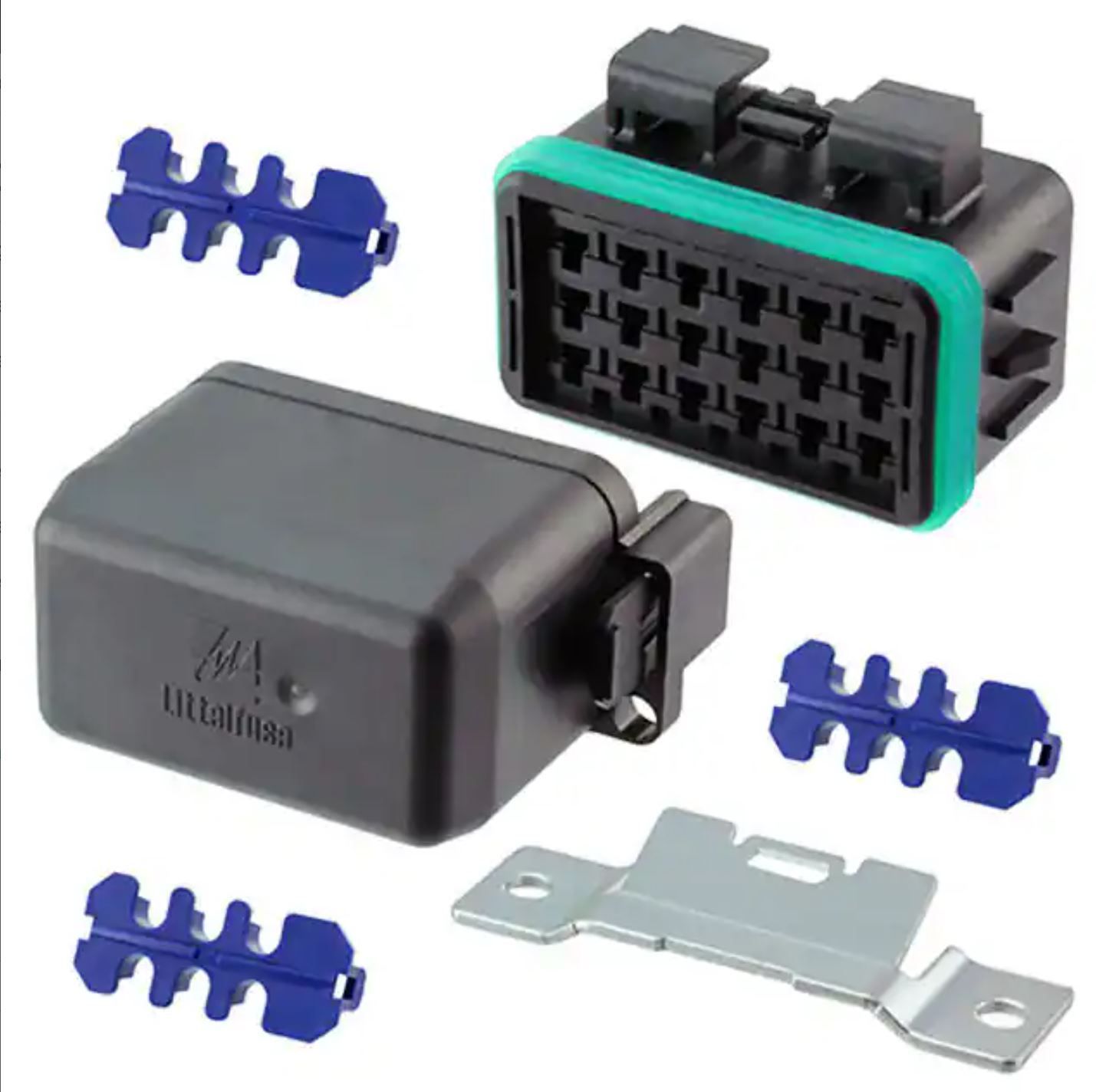 A black electrical connector with a green trim and blue connectors