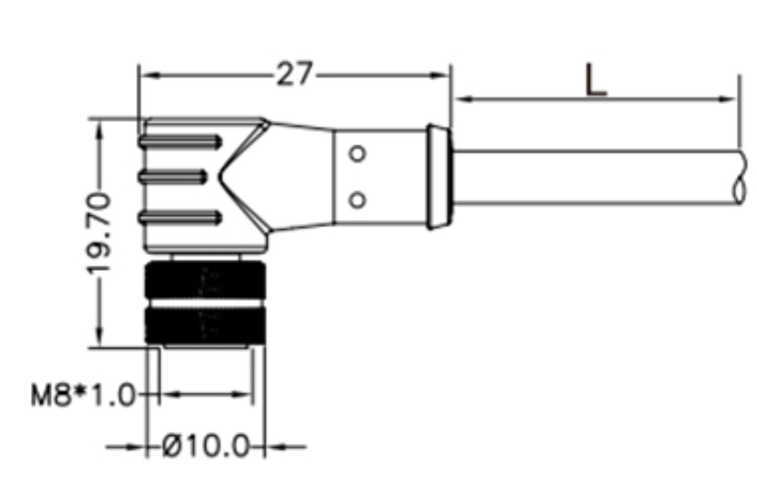 A black and white drawing of a hose with measurements.