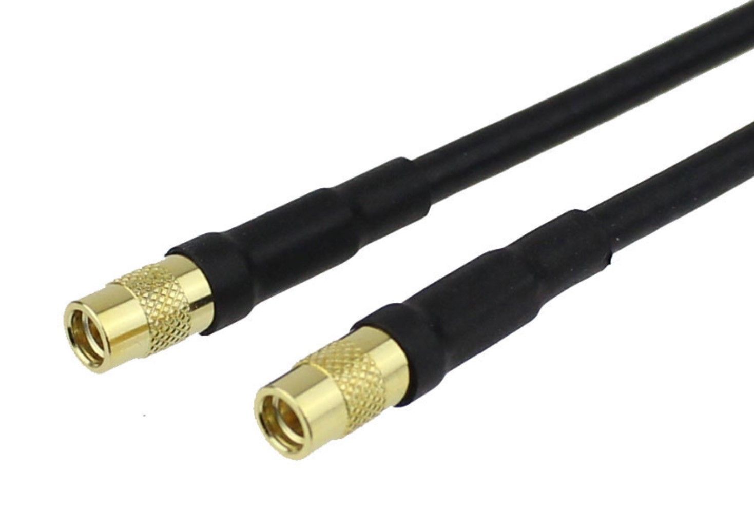 A pair of black cables with gold connectors on a white background.