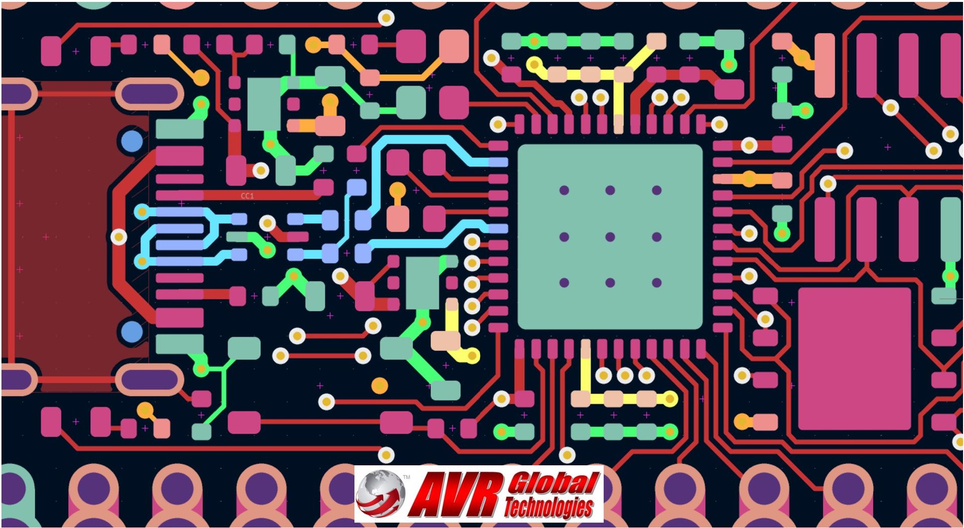 A colorful circuit board with the words avr global on the bottom