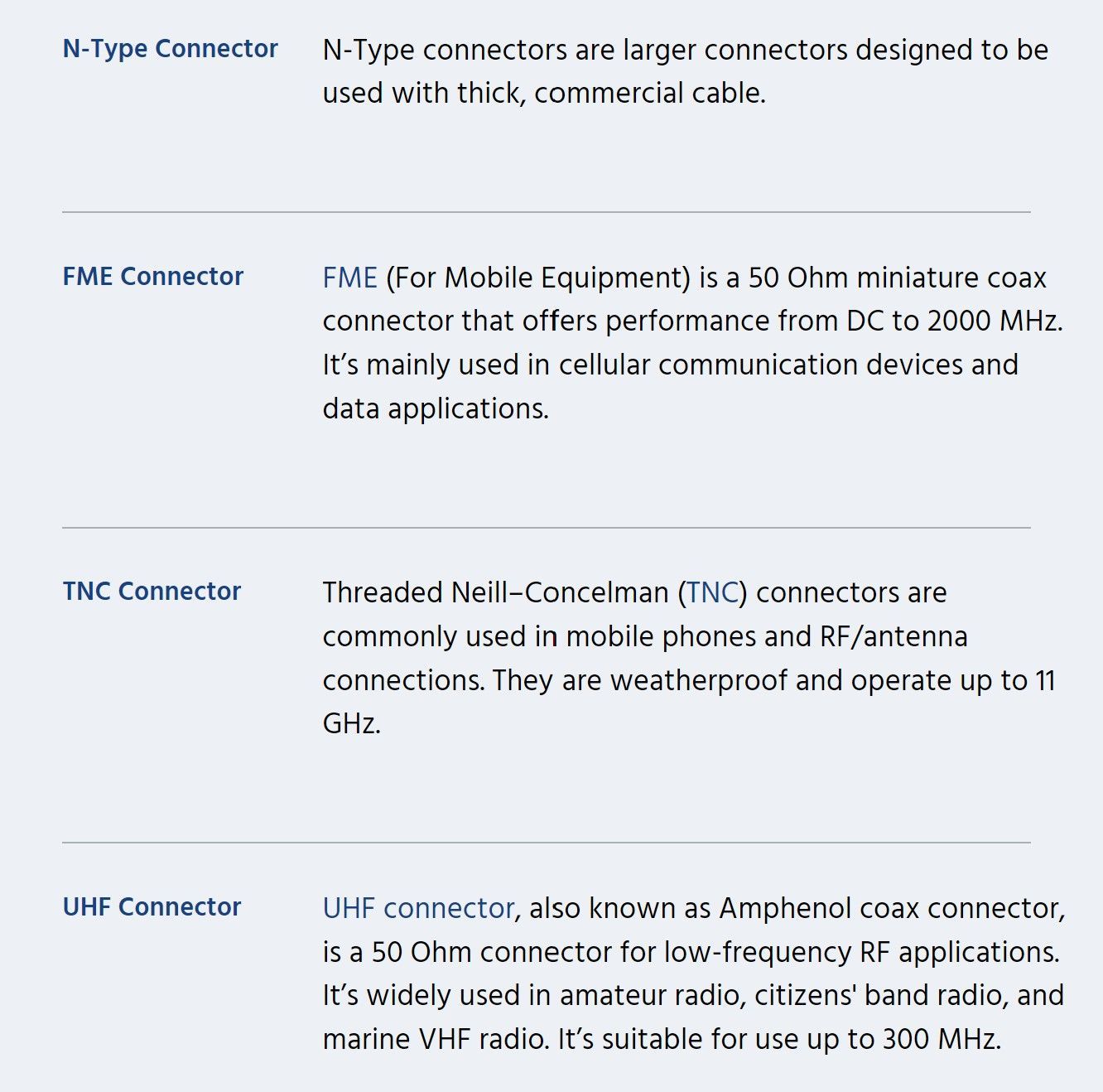 A list of different types of connectors including n type connectors