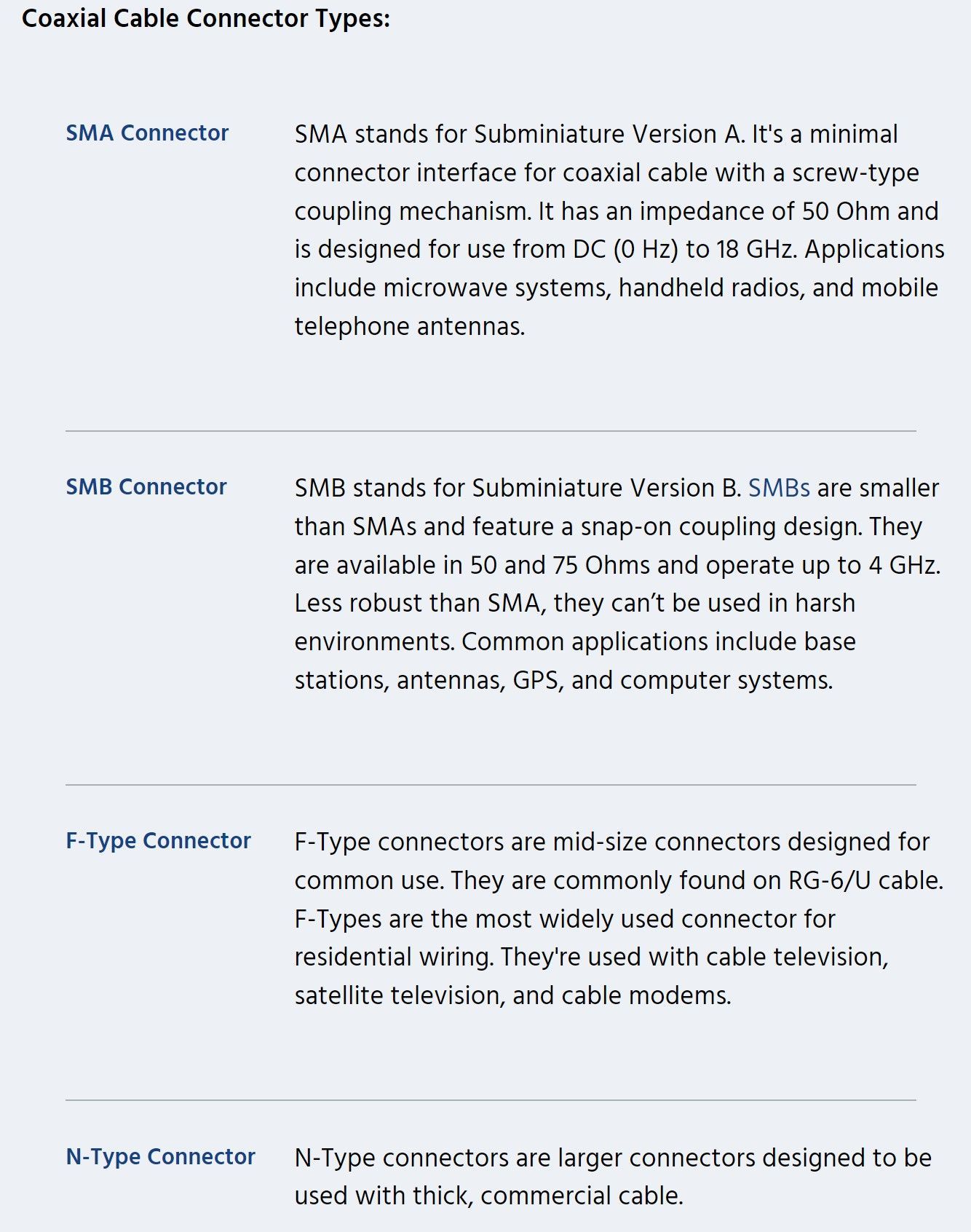 A page of text about coaxial cable connector types