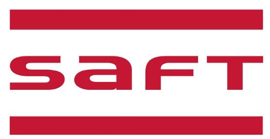 A red and white logo for saft on a white background.