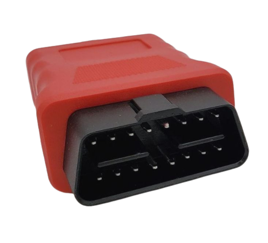 A red and black connector on a white background