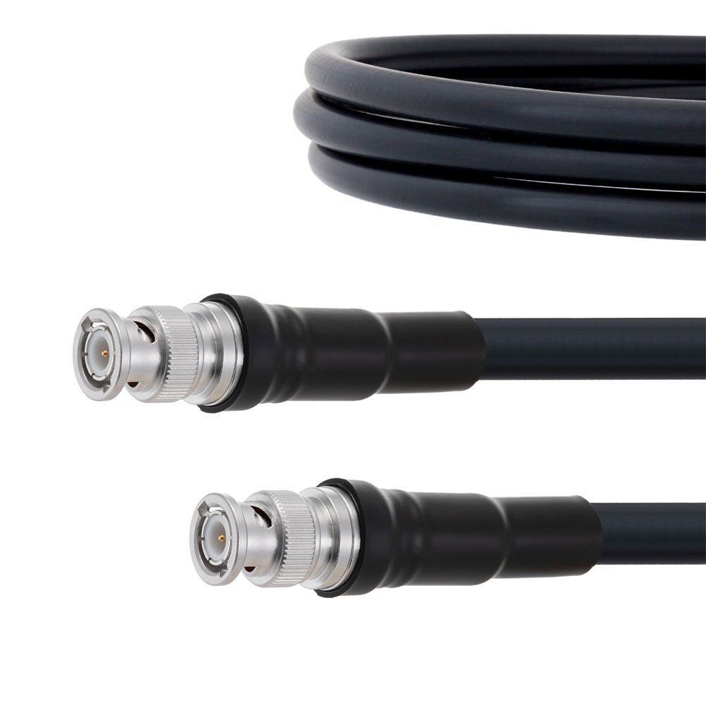 A close up of two bnc cables on a white background.