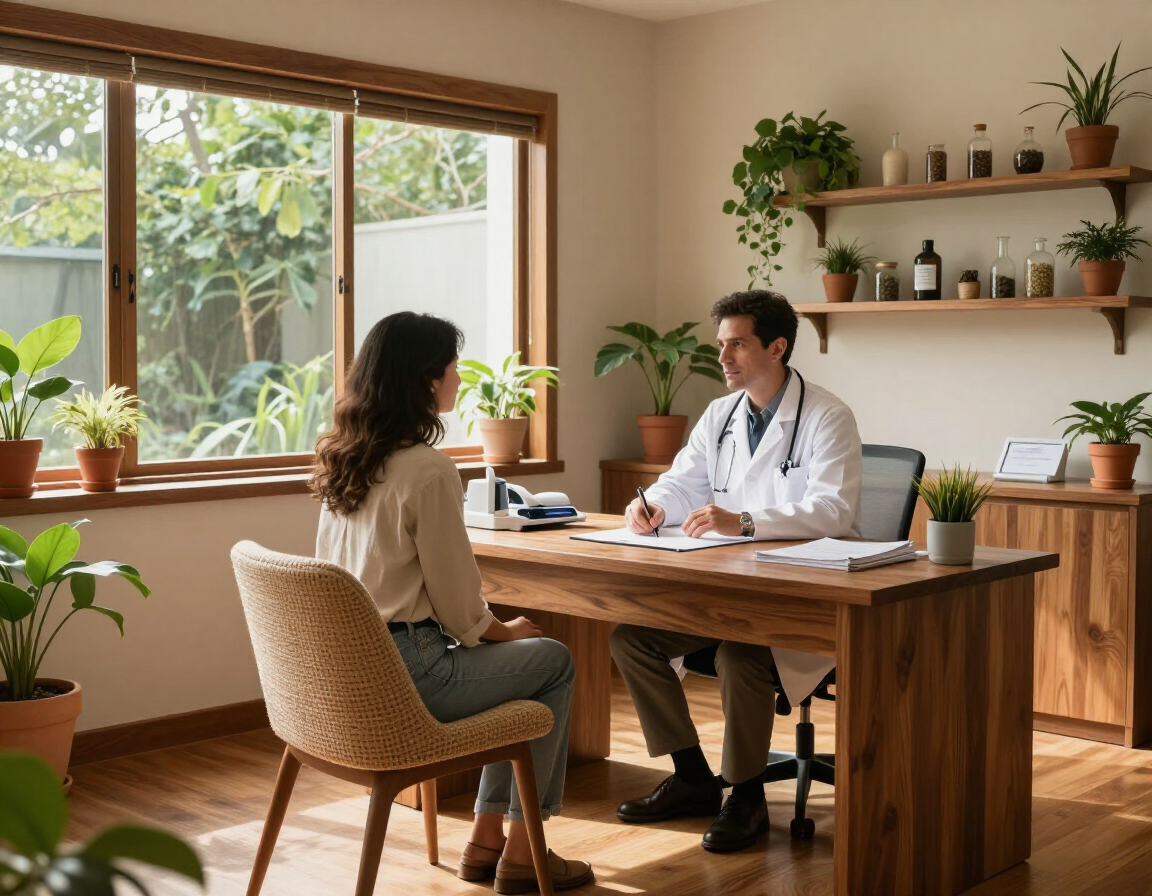 Interior acogedor de un centro naturista con ambiente profesional y plantas medicinales