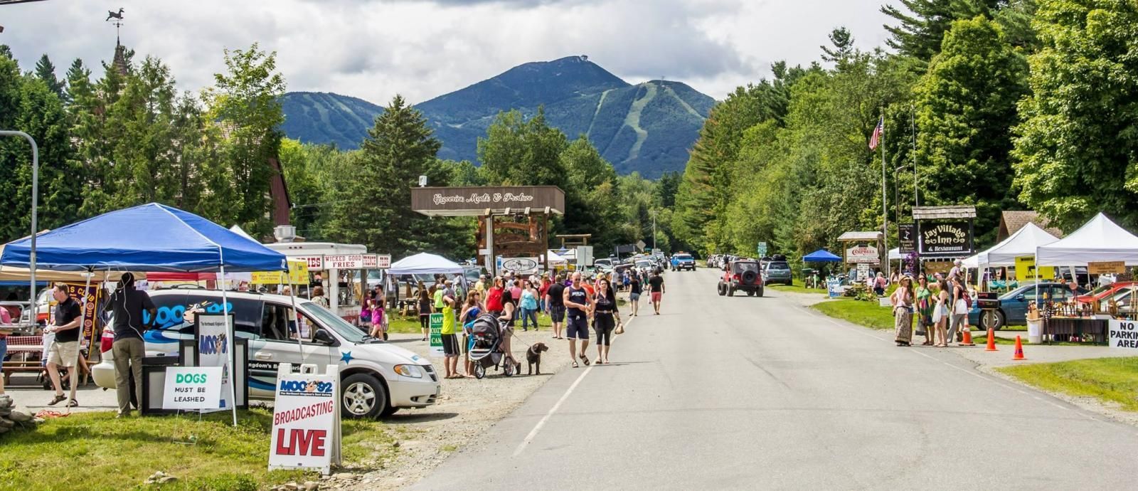 Farmer's market in a grassy field with Jay Peak in the background