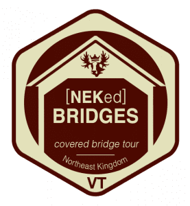 Logo for [NEK]ed Bridges covered bridge tour in Vermont, with brown text and design on cream background.
