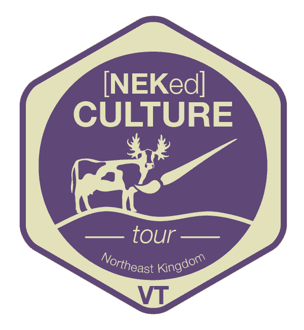 Purple and cream logo for a cultural tour in Vermont's Northeast Kingdom featuring a cow with antlers holding a paint brush.