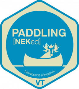 Blue and tan logo: Paddling [NEK]ed, canoe with moose, Northeast Kingdom VT.