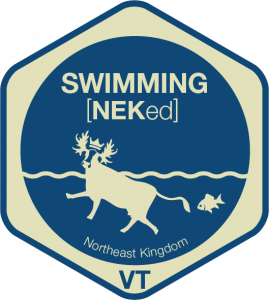 Swimming [NEK]ed logo: moose in water, Northeast Kingdom VT, blue and tan.