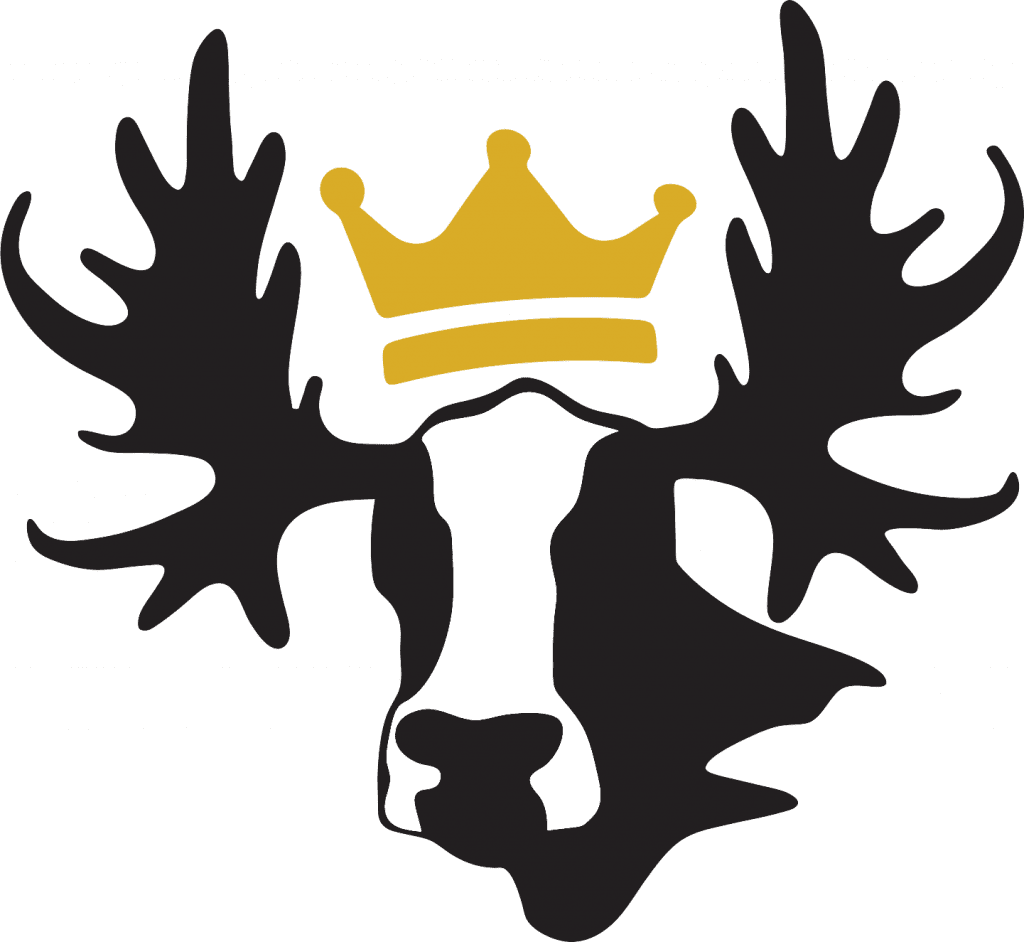 Moose head with black and white silhouette, gold crown.