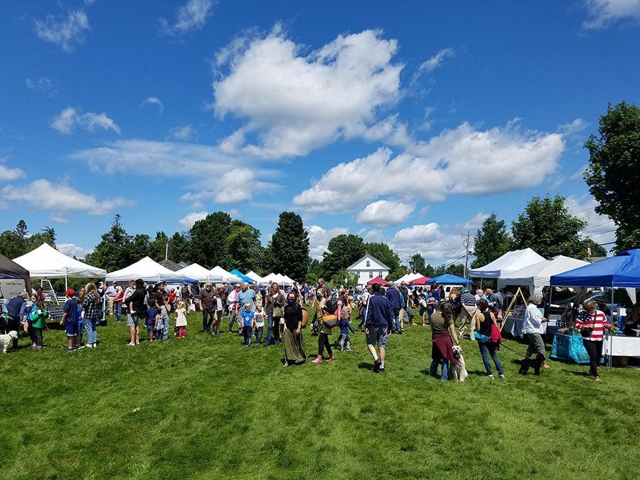 A sunny outdoor community fair with vendors, crowds, and tents on a grassy field.