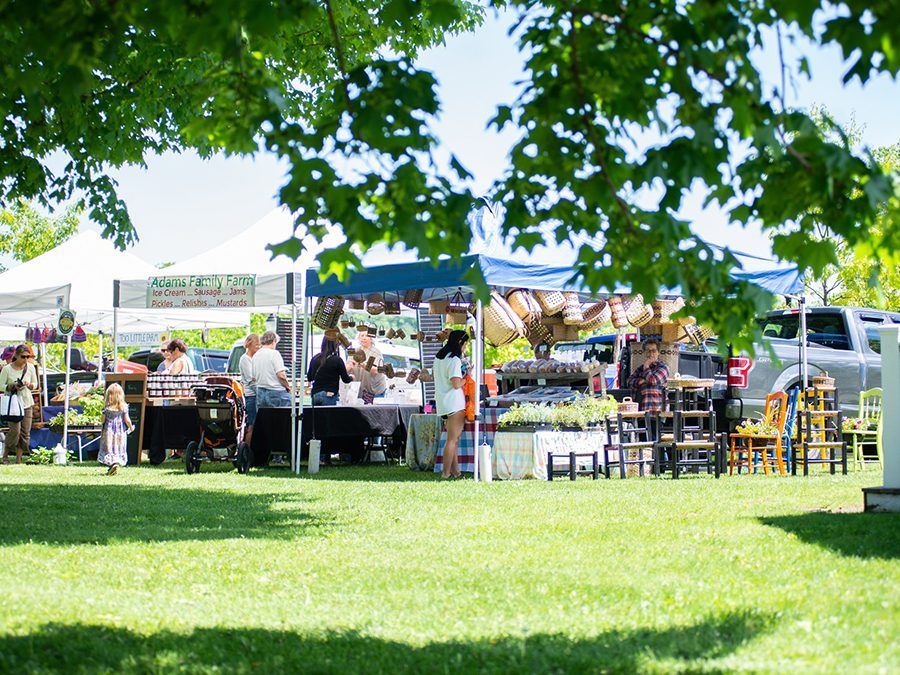 Outdoor market with vendors and shoppers under tents, on a green lawn. Sunny day.