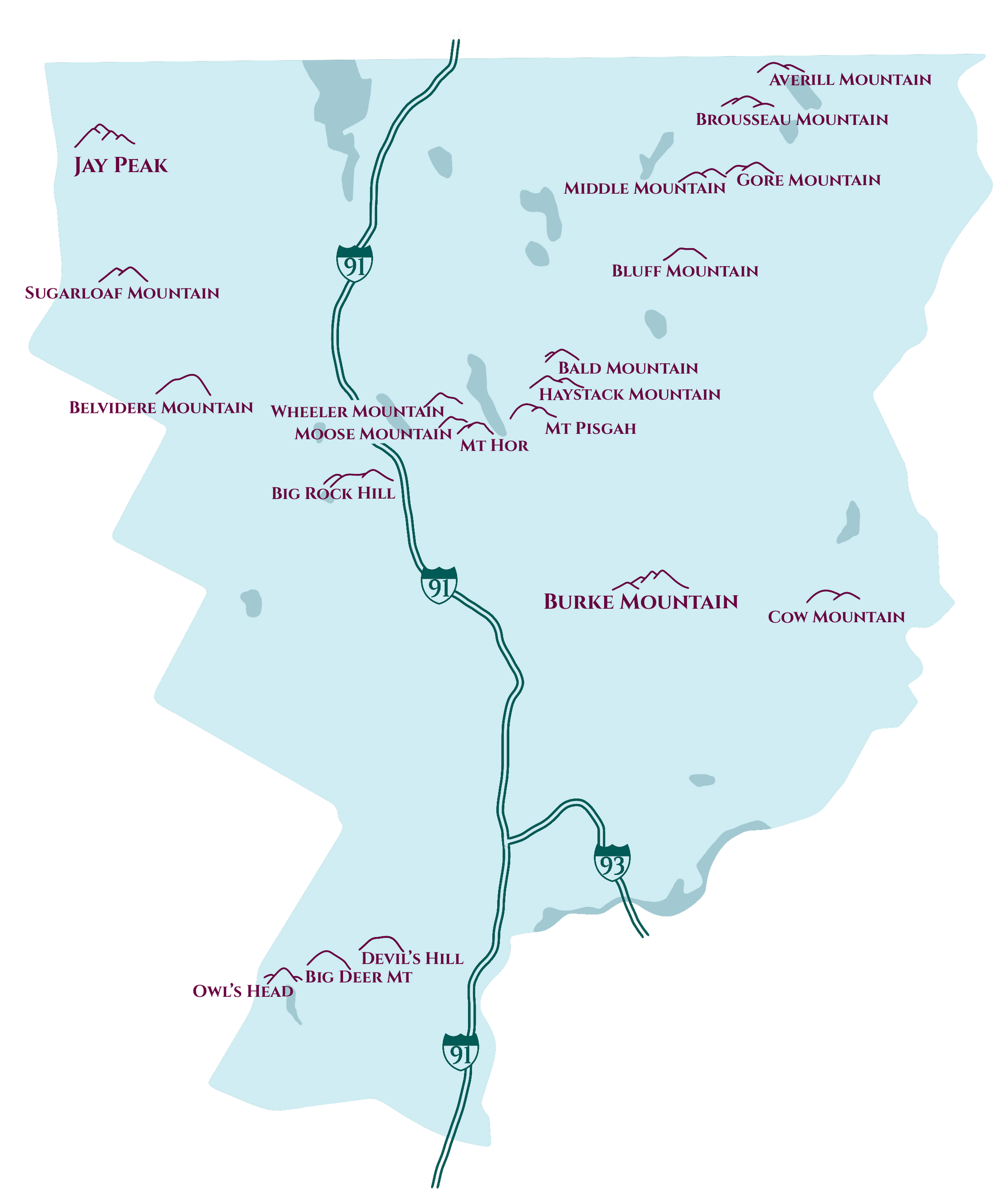 Map showing various mountains in Vermont's Northeast Kingdom NEK