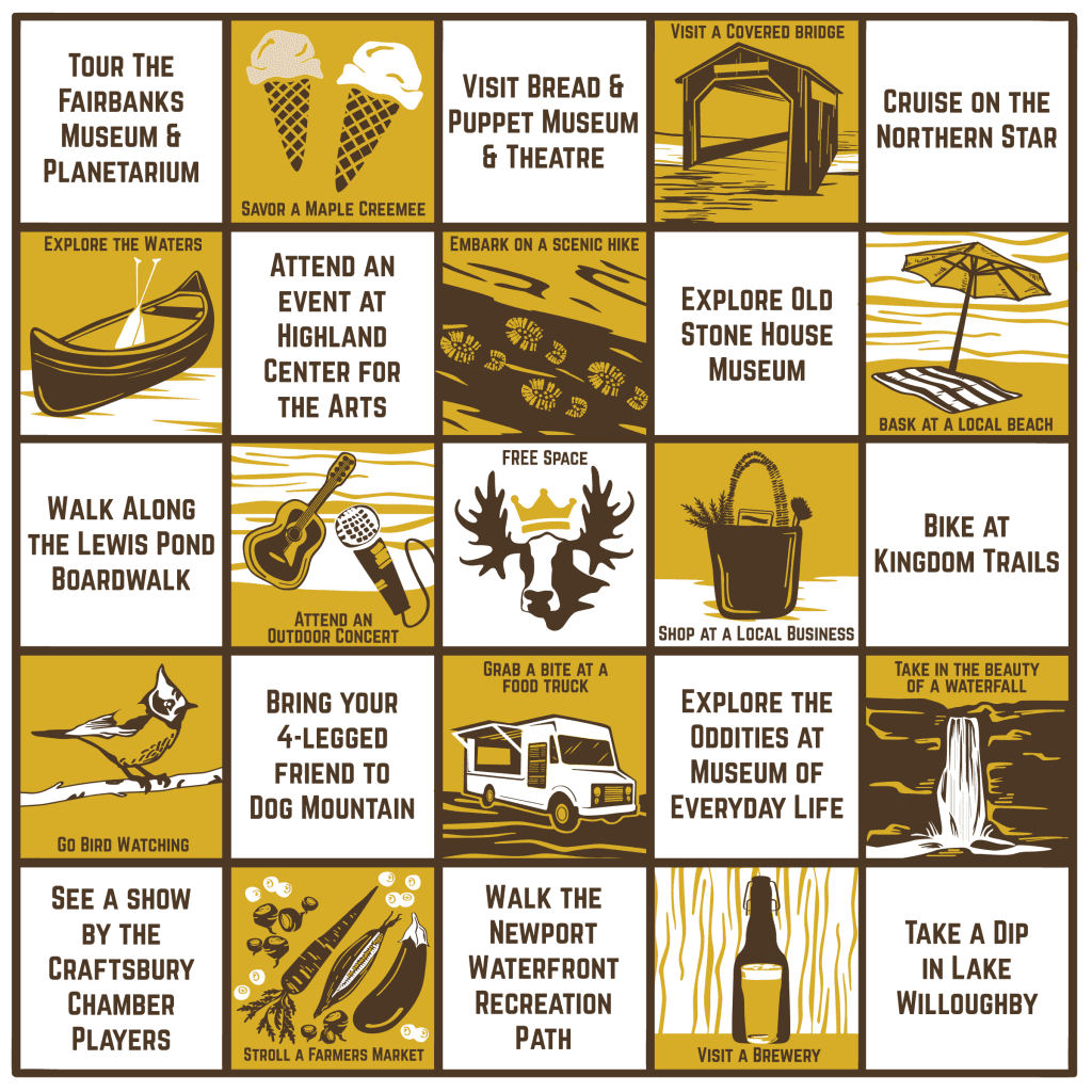 A bingo-style graphic with boxes showcasing various activities like museums, theater, trails, and events.