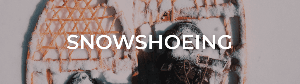 Snowshoeing text overlaid on a snowshoe.