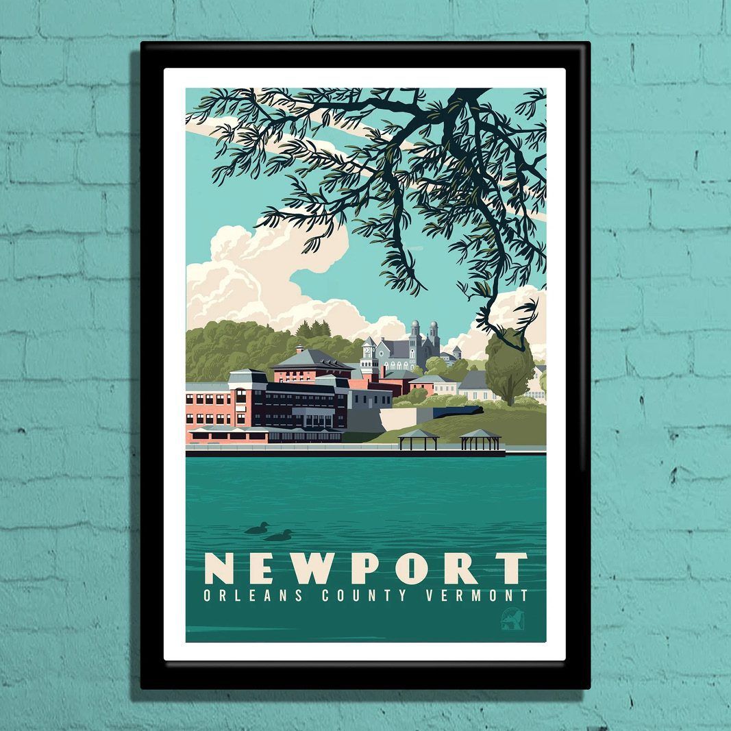 Poster of Newport, Vermont with buildings by the water, blue sky, and dark green foreground.
