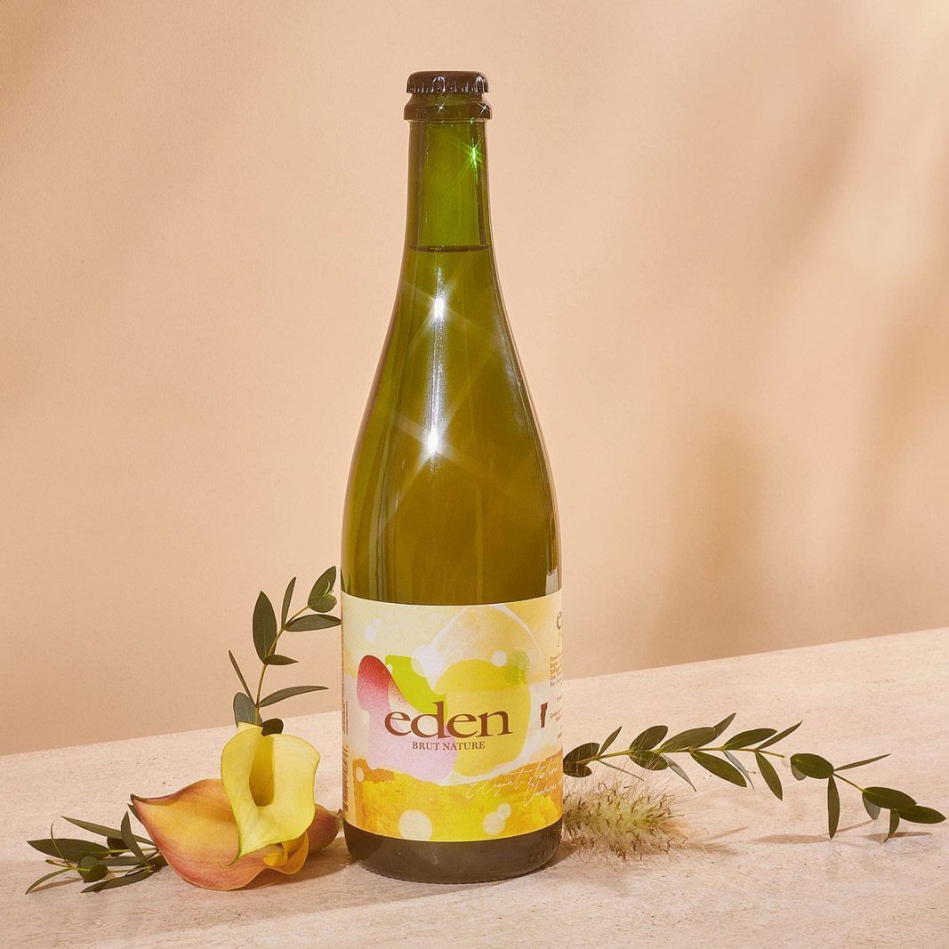 Bottle of Eden Cider on a table with a sliced apple and foliage.