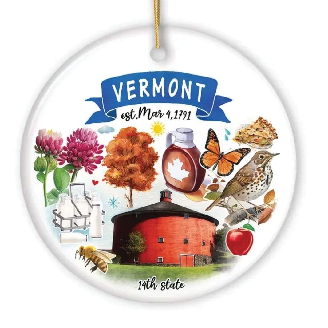 Vermont state ornament with illustrations of maple syrup, apple, and the state's symbols.