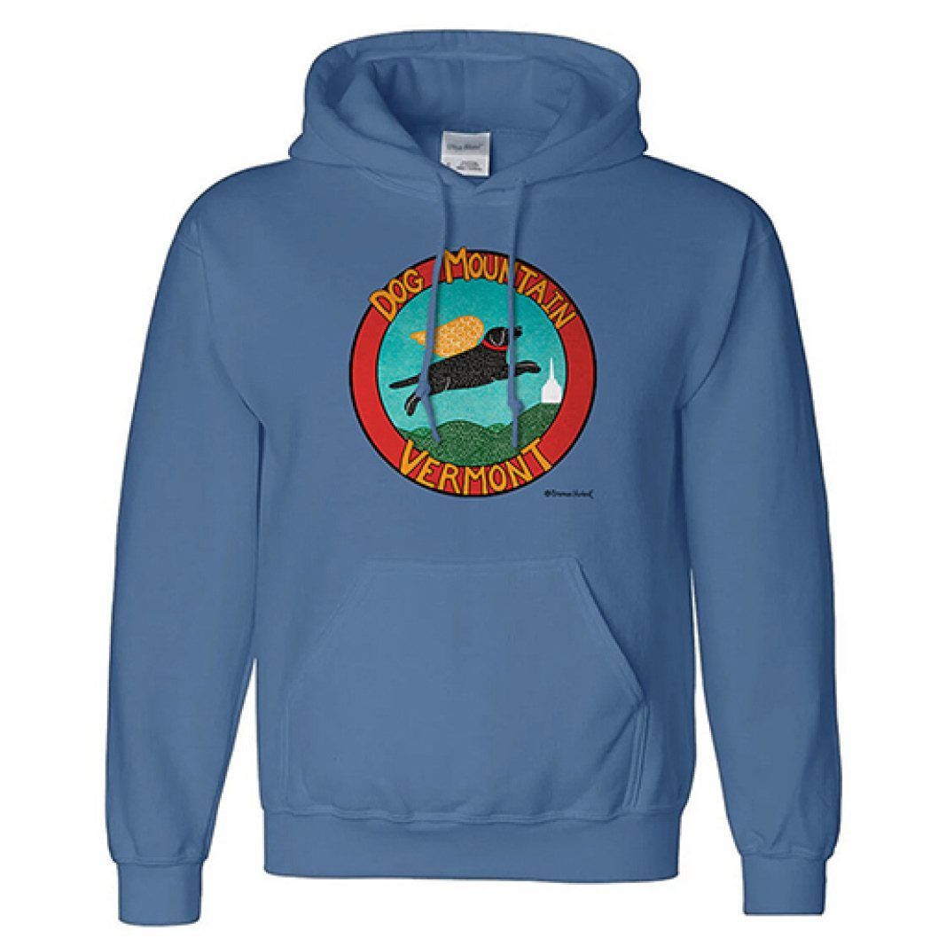 Blue hoodie with a circular logo of a black dog leaping in front of Dog Mountain, Vermont.