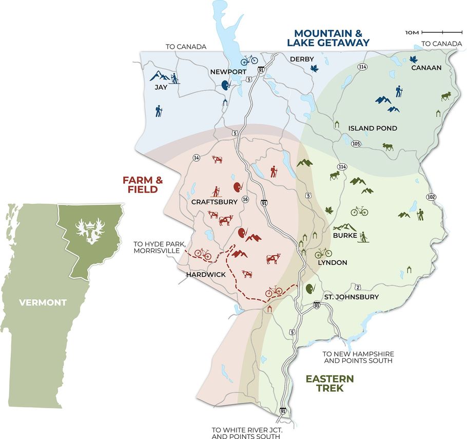 Map of Vermont, highlighting regions: Mountain & Lake Getaway, Farm & Field, and Eastern Trek.