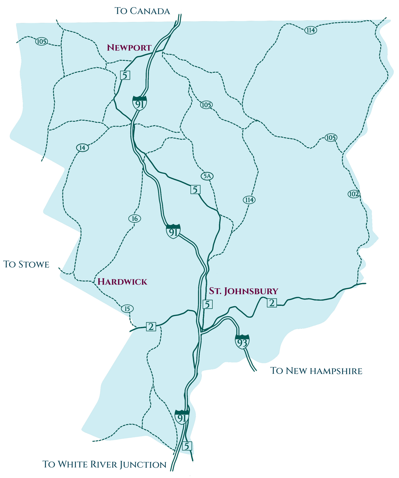 Map highlighting the NEK's highways and designated Vermont downtown regions in the Northeast Kingdom.