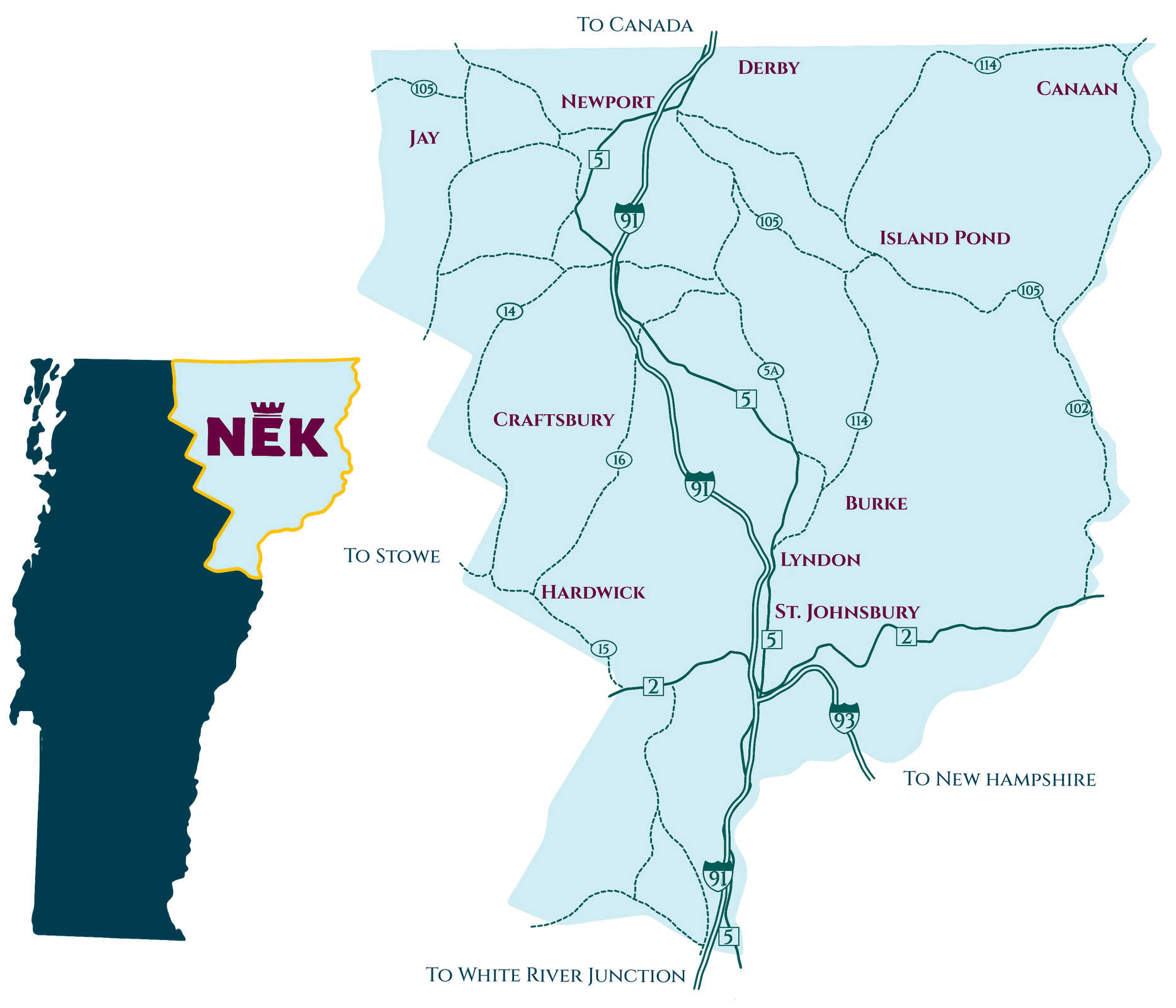 Map of Vermont, highlighting the Northeast Kingdom NEK