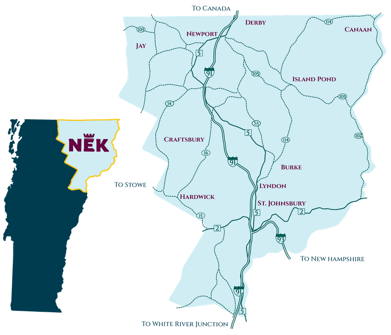 Map of Vermont, highlighting the Northeast Kingdom NEK