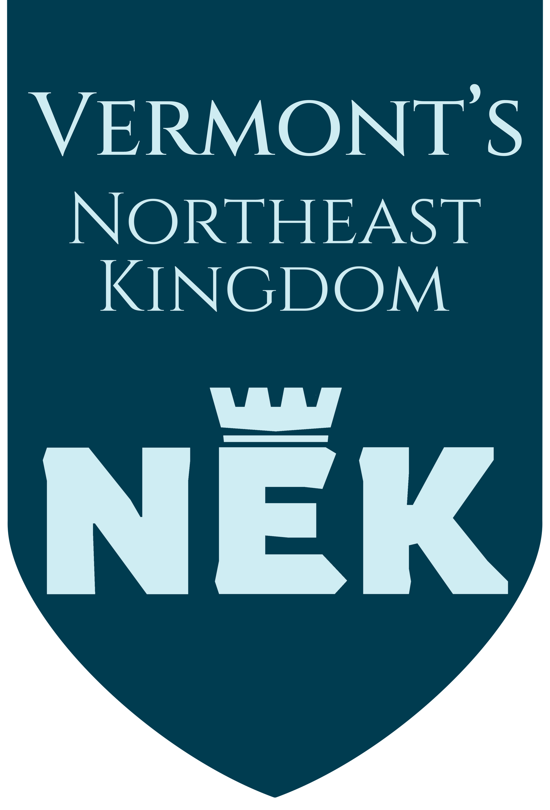 Dark blue shield with text