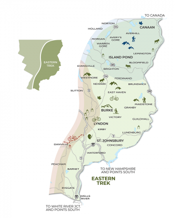 Map of Vermont's Eastern Trek region, with towns, landmarks, and trails.