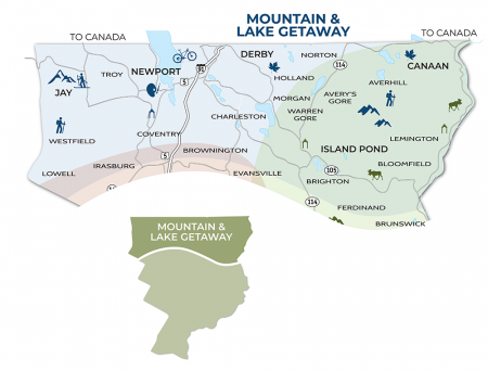 Map of a Mountain & Lake Getaway region, with towns and icons for activities, bordering Canada.
