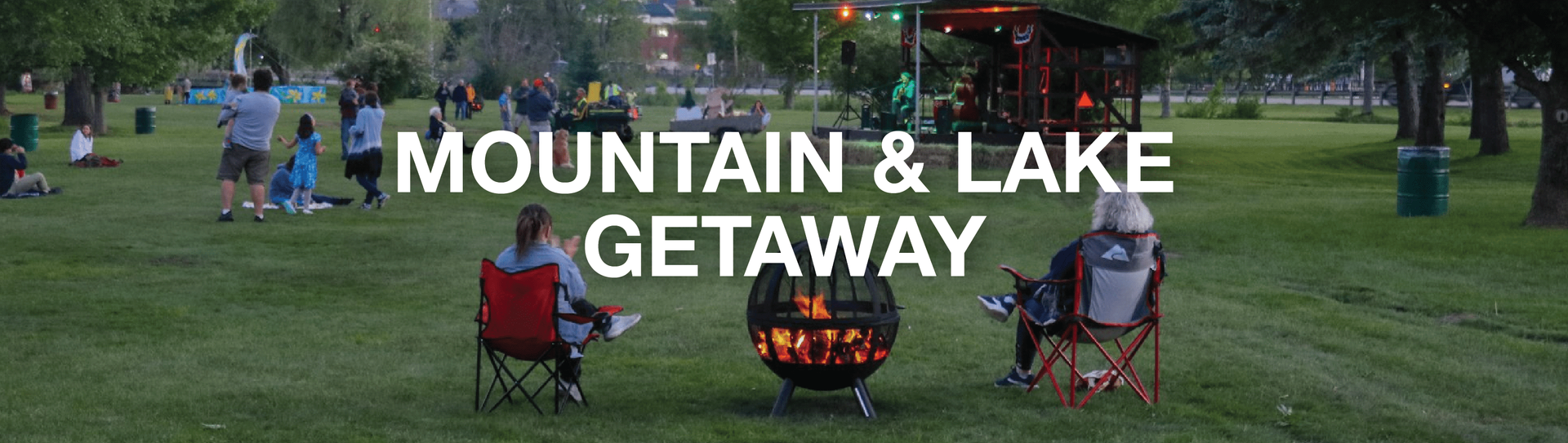 People gathered around a fire pit, in a park at dusk, the text 