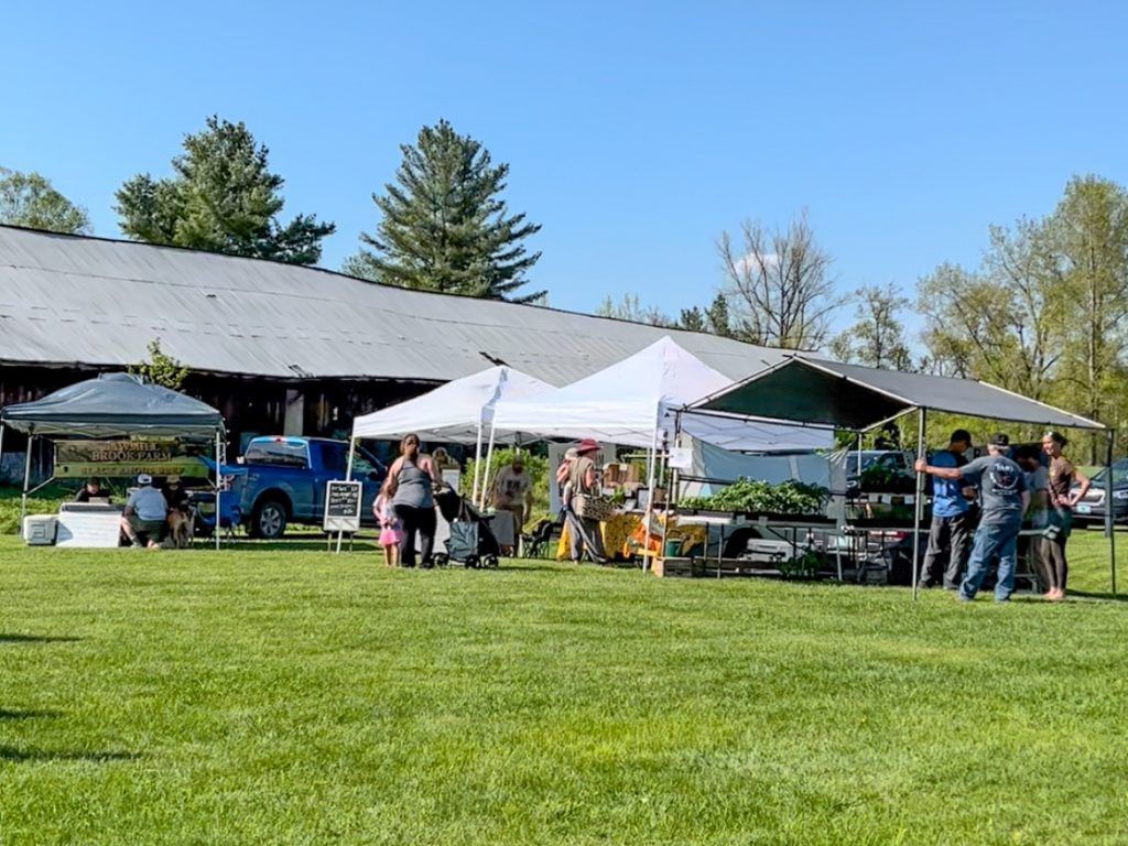 Outdoor farmers market on a grassy lawn with vendors under tents and people shopping. A barn is in the background.