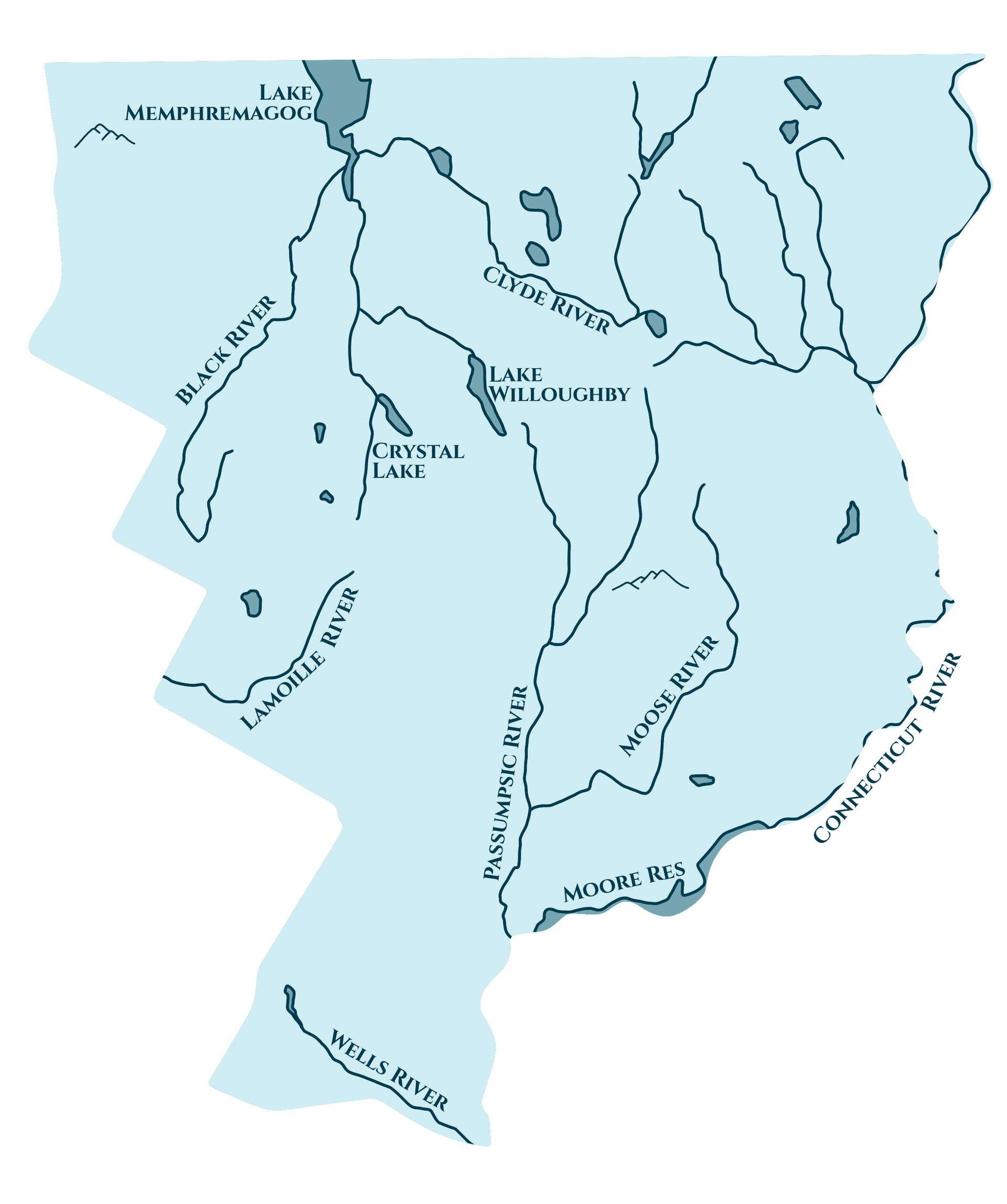Map showing rivers, lakes, and ponds in Vermont's Northeast Kingdom NEK 