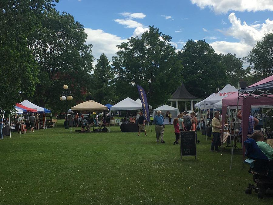 Outdoor market in a park on a sunny day with vendors, tents, and people browsing.