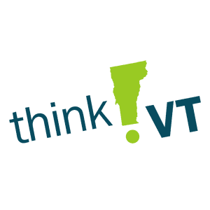 Think Vermont logo: green Vermont outline as exclamation point, dark teal 