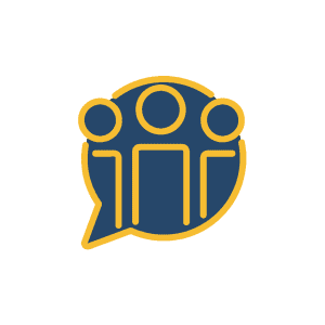 Three figures in a speech bubble; blue with gold outline, indicating a group conversation.