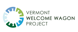 Vermont Welcome Wagon Project logo: Circle of stylized figures in various shades of blue and green with text to the right.
