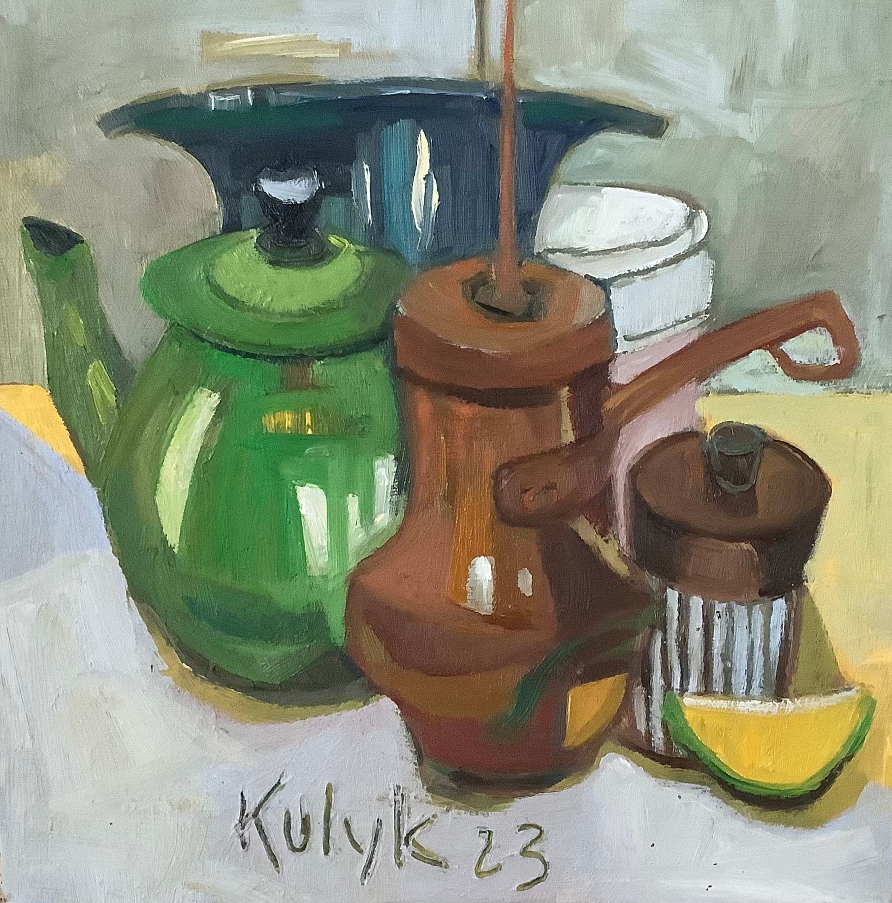 ©Karen Kulyk - A lush garden with a fountain, trees, and a cherub statue. Green foliage, colorful flowers.