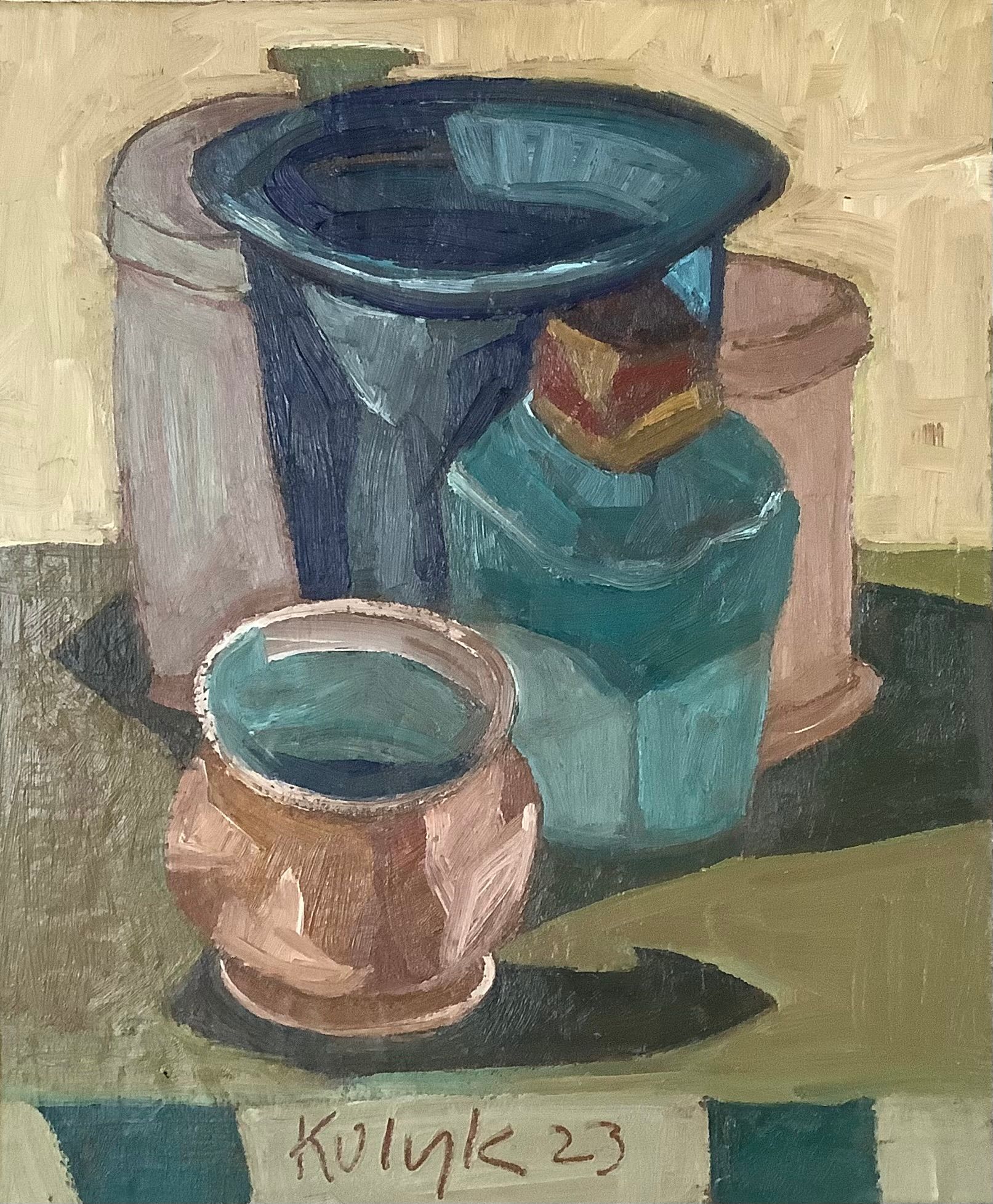 ©Karen Kulyk - A vibrant painting of a formal garden with reflective water, lush greenery, and terracotta pots.