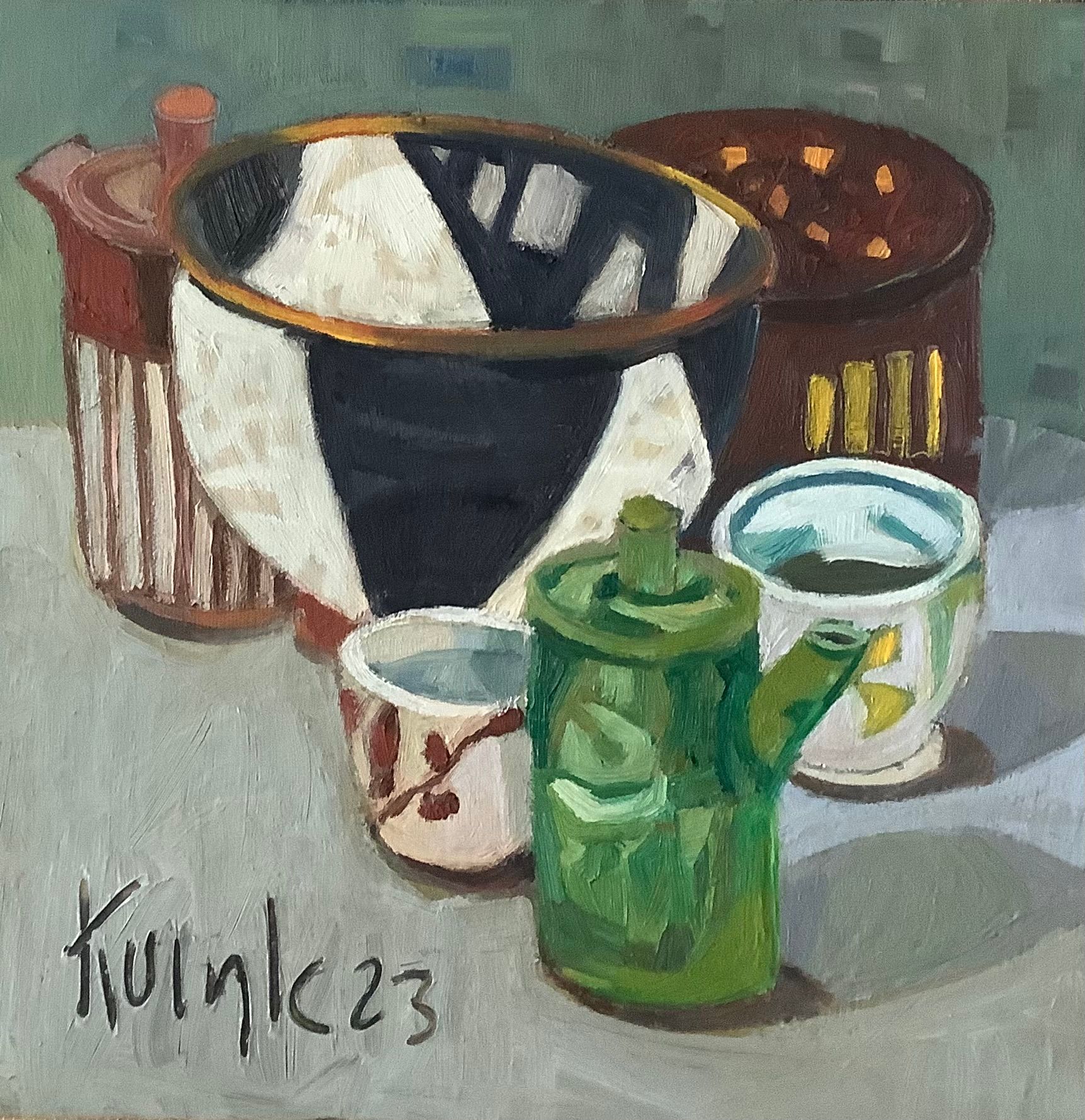 ©Karen Kulyk - A vibrant painting of a formal garden with reflective water, lush greenery, and terracotta pots.