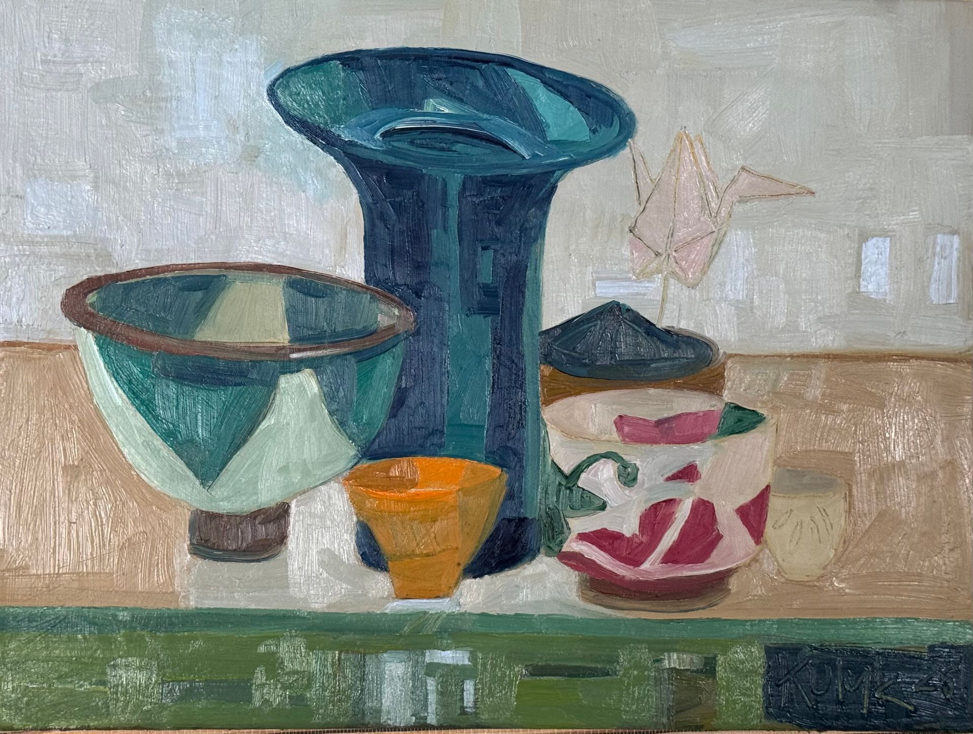 ©Karen Kulyk - A vibrant painting of a formal garden with reflective water, lush greenery, and terracotta pots.