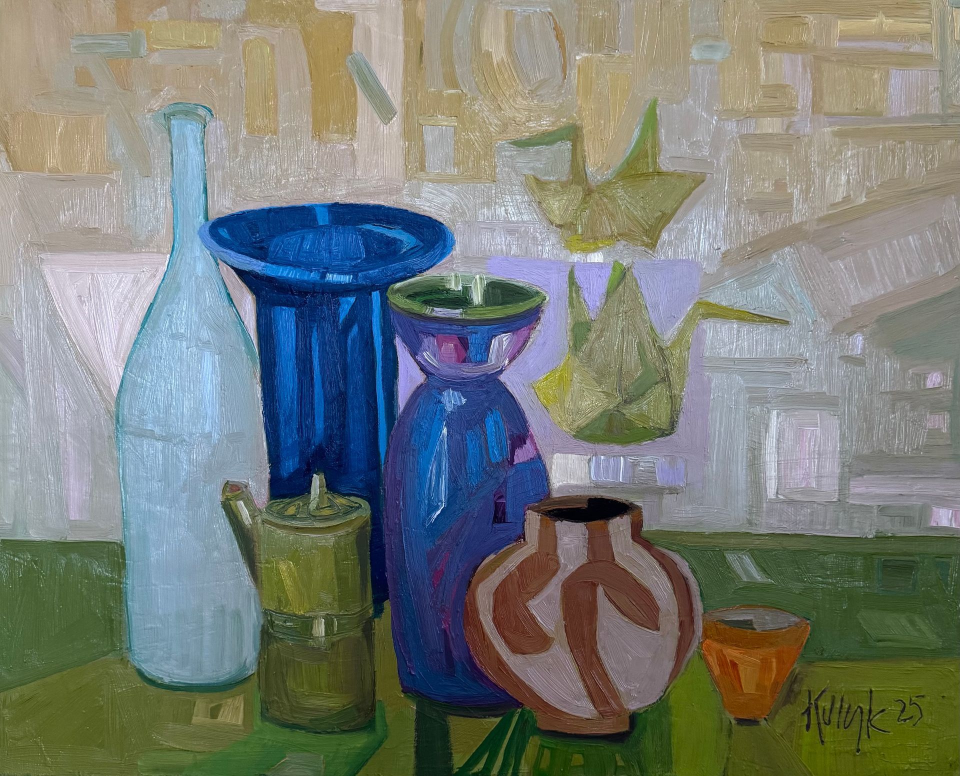 ©Karen Kulyk - A vibrant painting of a formal garden with reflective water, lush greenery, and terracotta pots.