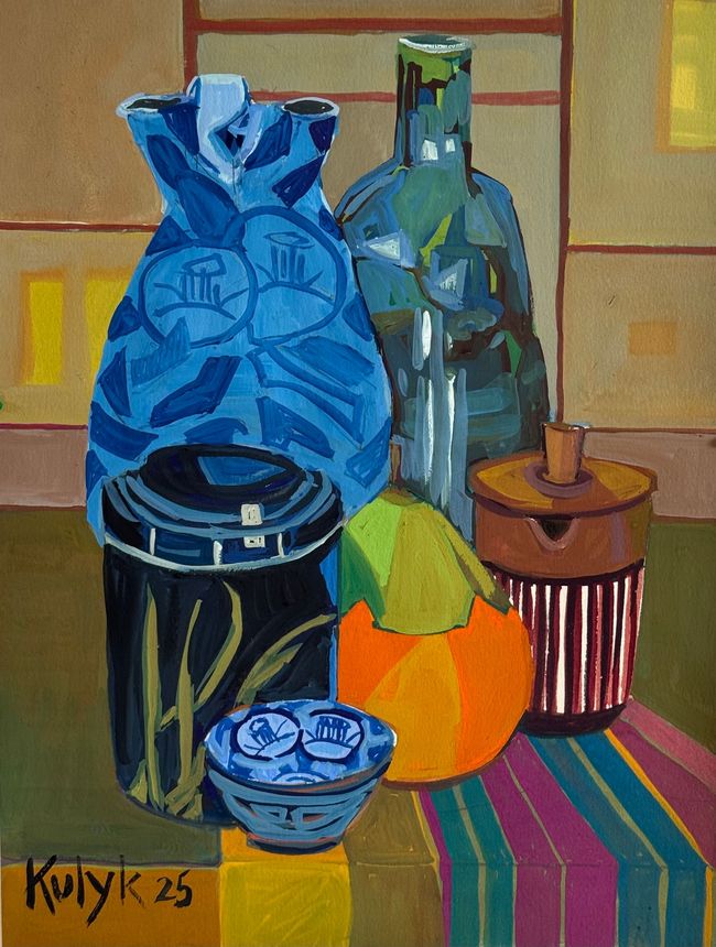 ©Karen Kulyk - A lush garden with a fountain, trees, and a cherub statue. Green foliage, colorful flowers.