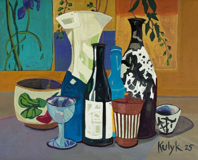 ©Karen Kulyk - A vibrant painting of a formal garden with reflective water, lush greenery, and terracotta pots.