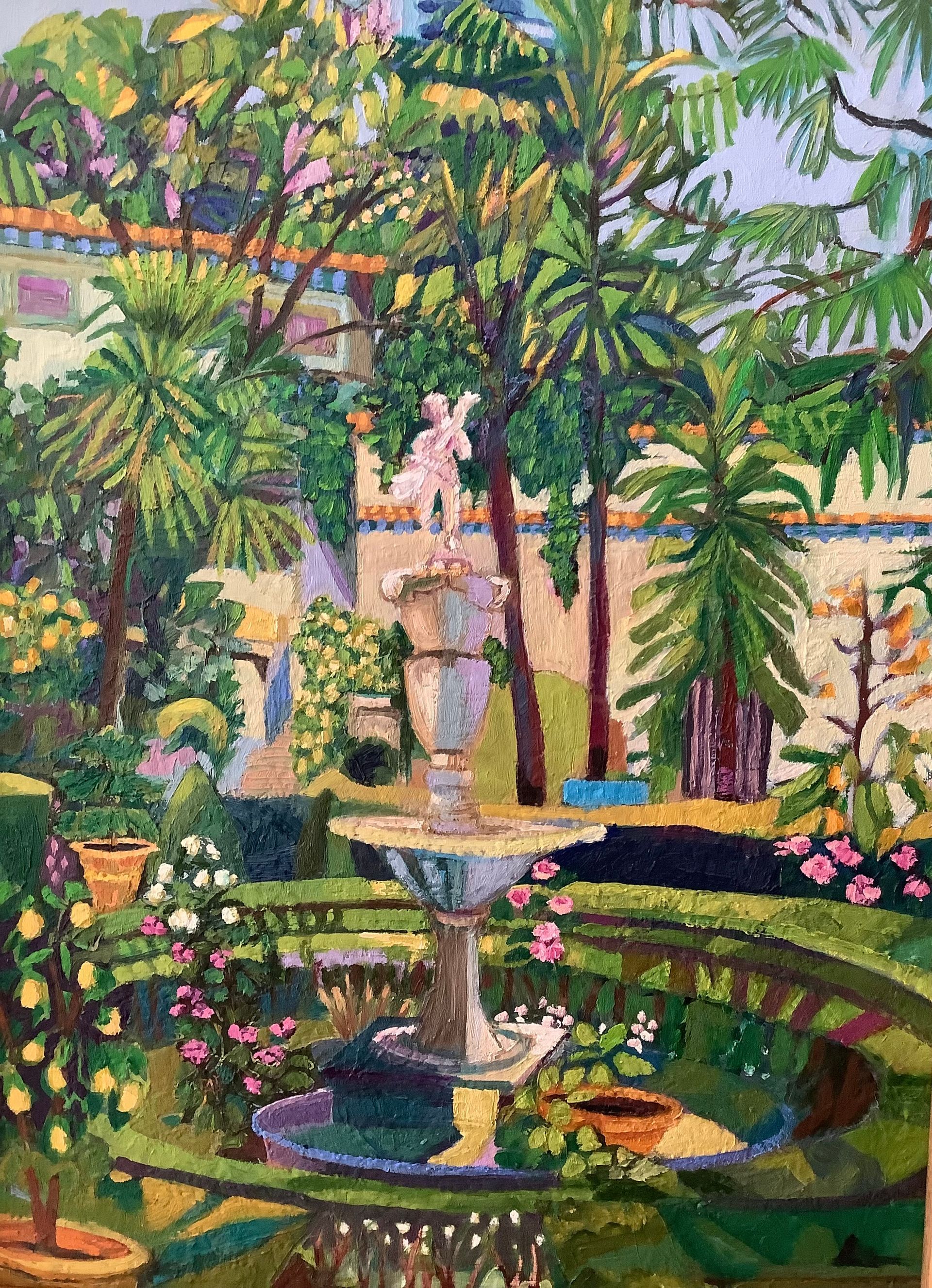 ©Karen Kulyk - A lush garden with a fountain, trees, and a cherub statue. Green foliage, colorful flowers.