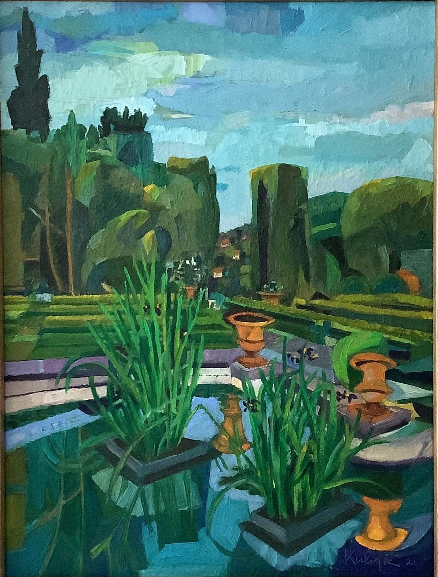 ©Karen Kulyk - A vibrant painting of a formal garden with reflective water, lush greenery, and terracotta pots.
